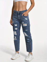 Ripped Distresses Straight Leg Jeans Slash Pocket Street Style Denim Pants