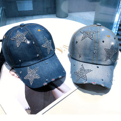 Distressed Rhinestone Star Denim Baseball Cap Adjustable Sun Hat