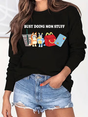 Letter & Cartoon Print Sweatshirt Crew Neck Long Sleeve Women's Clothing