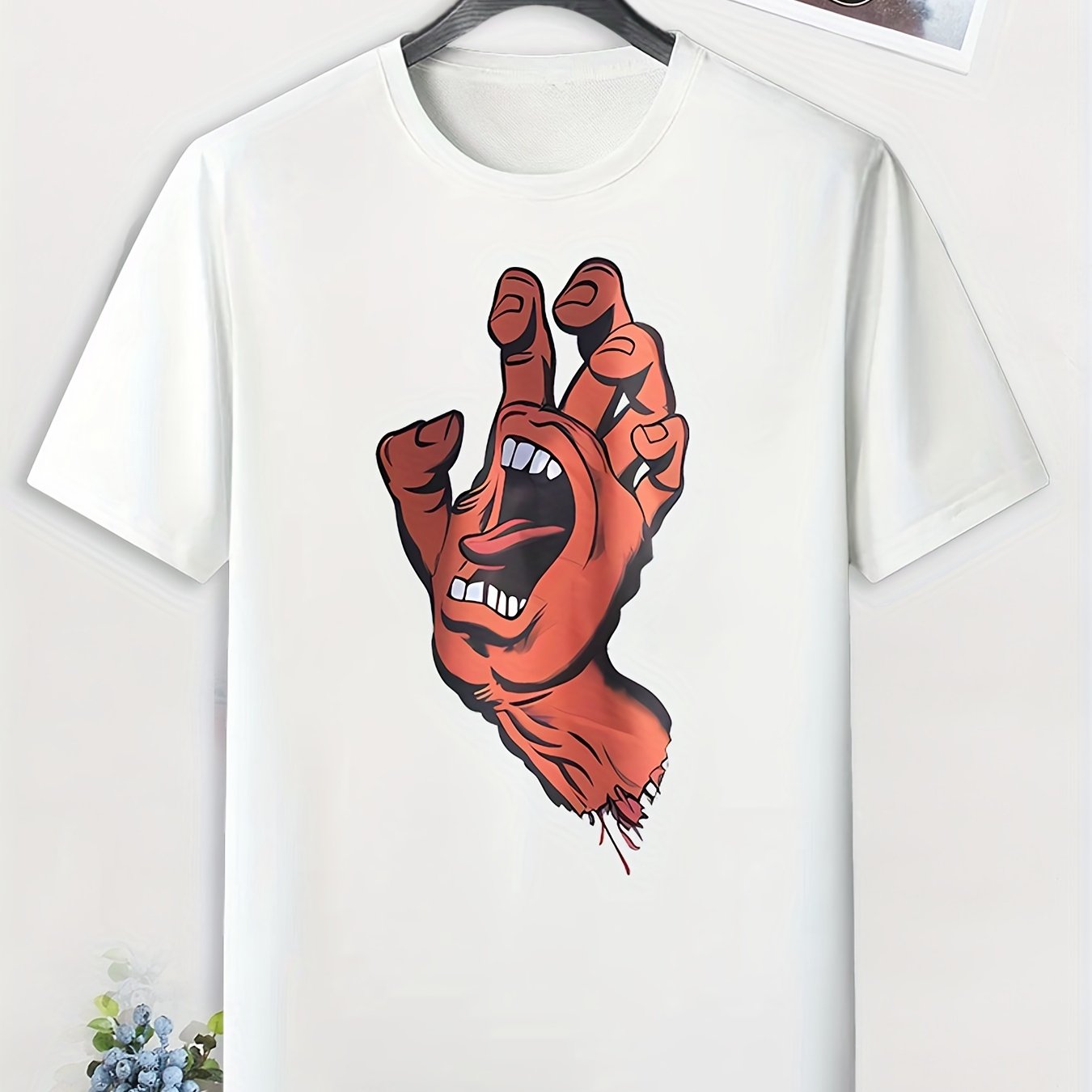 Men's Cartoon Hand Print T shirt Active Slightly Stretch Tee