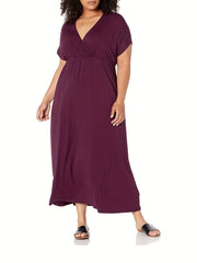 Casual Dress Solid Bat Sleeve Surplice Neck Ruched Maxi Dress