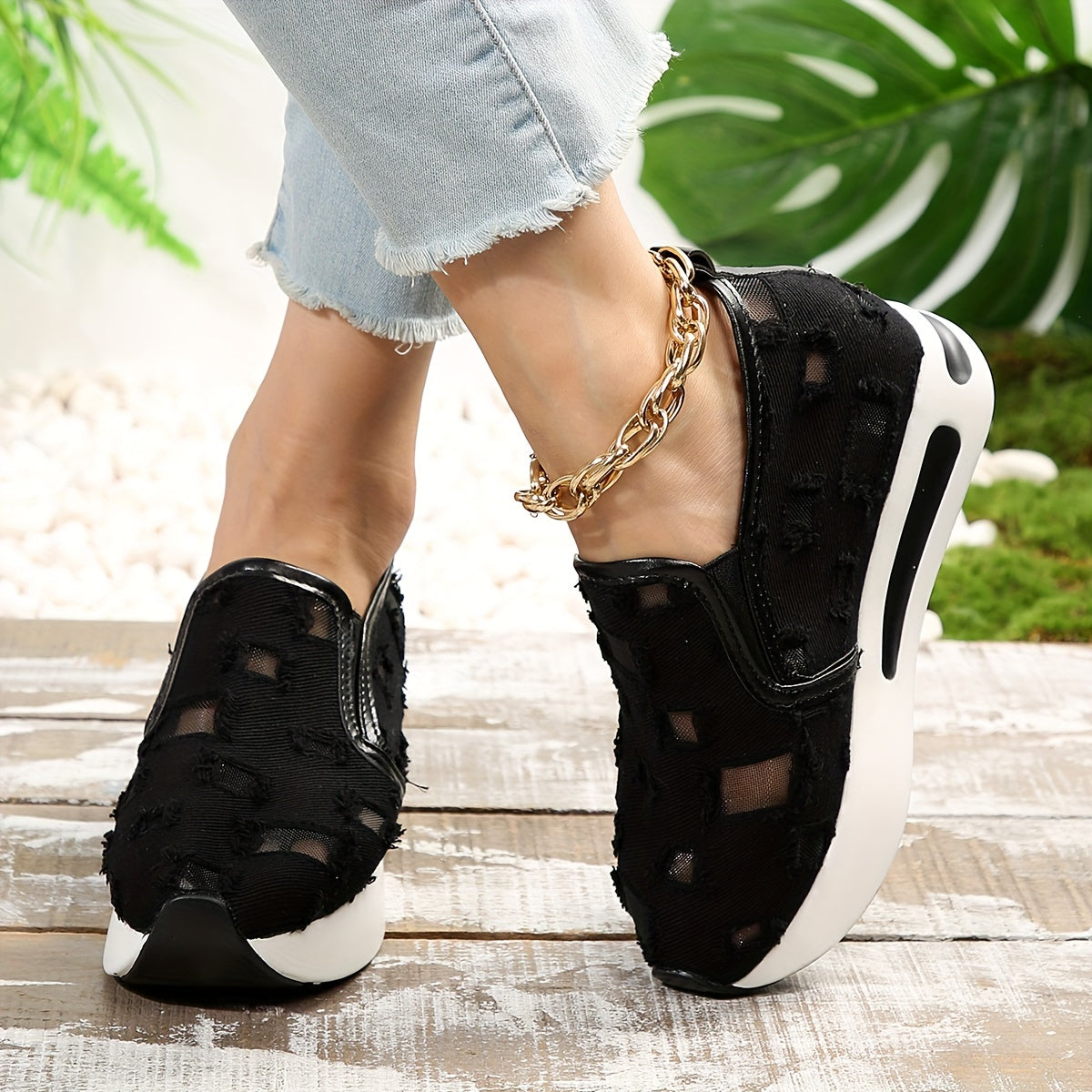 Mesh Ripped Slip On Chunky Sneakers Thick Sole Walking Shoes
