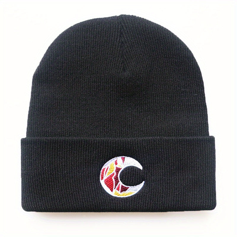 Crescent Embroidery Beanie Knit Hat Unisex Warm Lightweight
