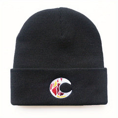 Crescent Embroidery Beanie Knit Hat Unisex Warm Lightweight