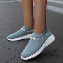 Women's Breathable Knit Sneakers Low Top Faux Rhinestone Casual Shoes
