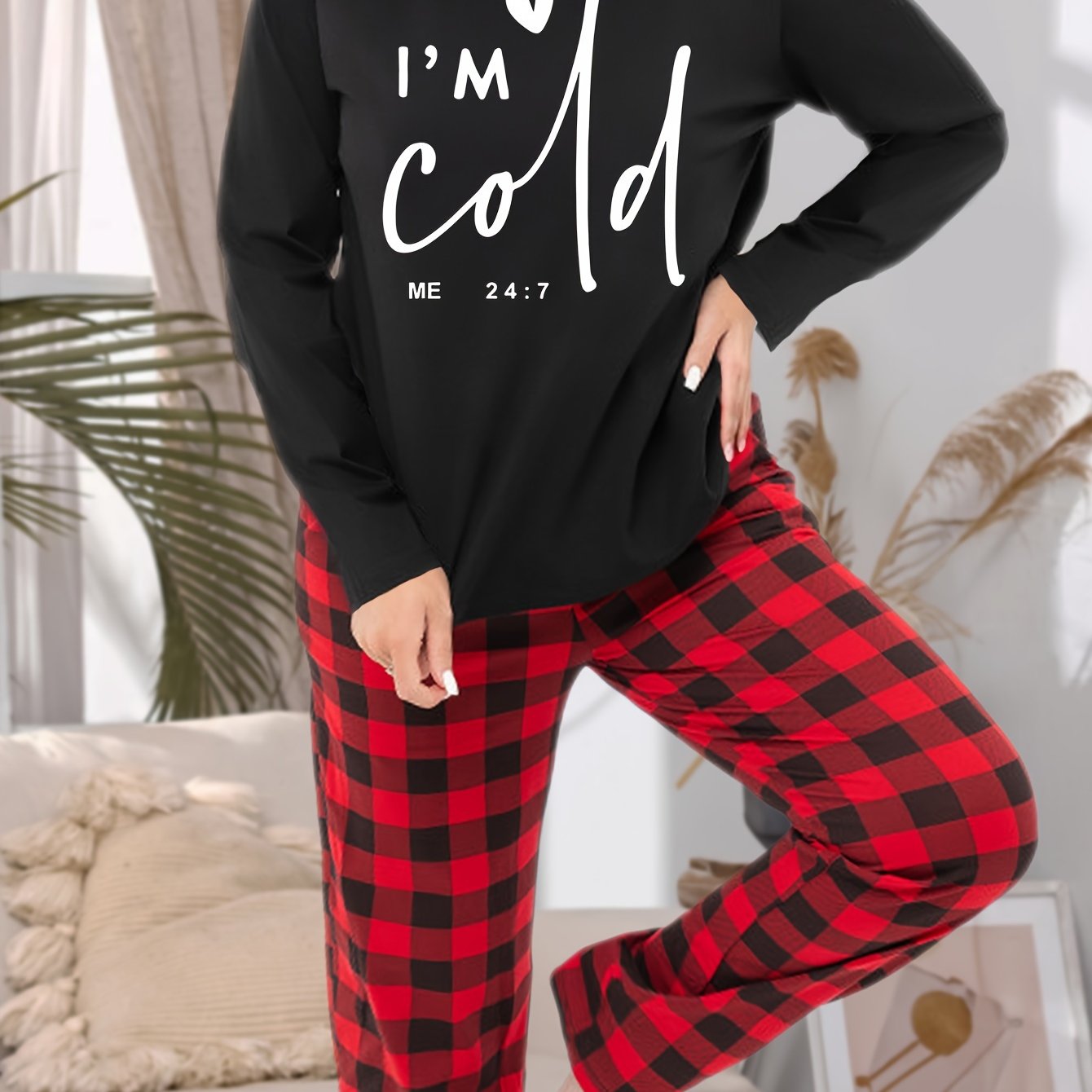 Casual Pajama Set Slogan & Heart Print Tee & Plaid Pants Loungewear