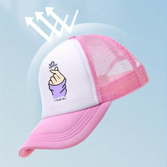 Heart Gesture Print Trucker Hat Y2K Pink Block Baseball Cap