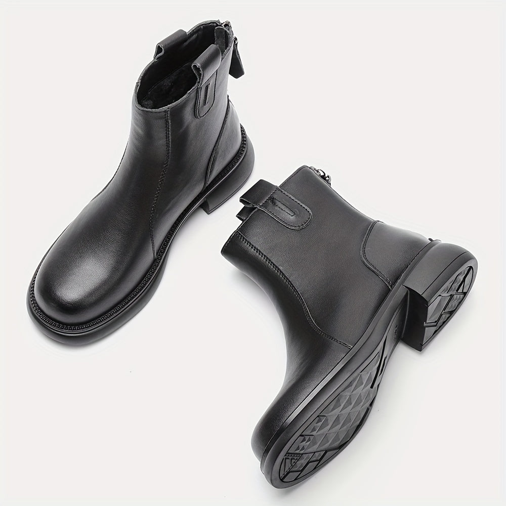 Women's Back Zipper Chunky Heel Leather Boots