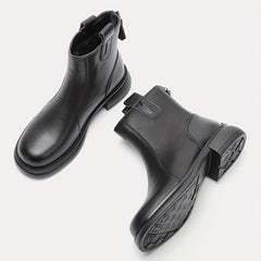 Women's Back Zipper Chunky Heel Leather Boots