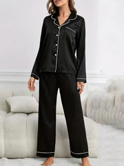 Striped Contrast Trim Pajama Set Long Sleeve Top & Pants
