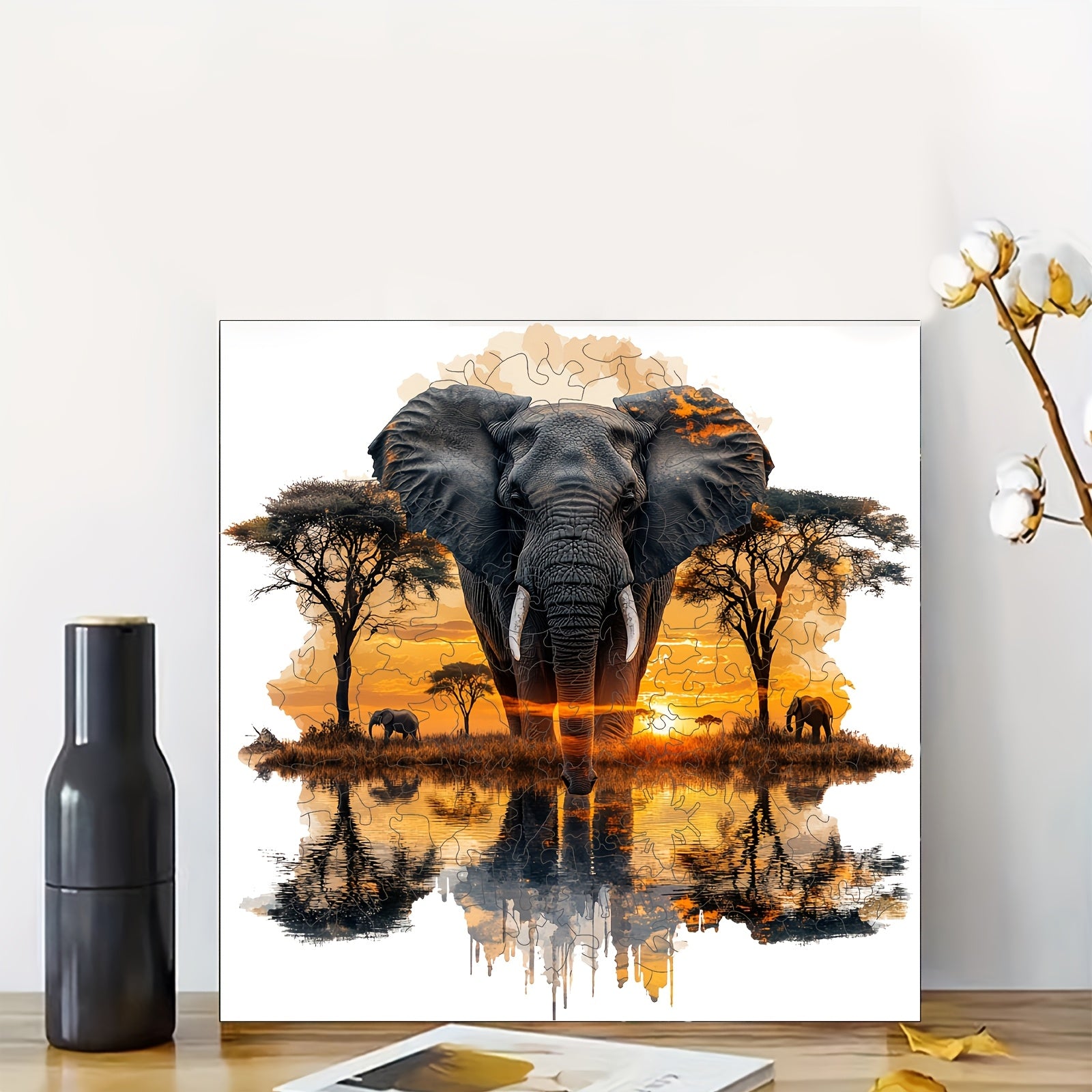 Elephant Forest Wooden Jigsaw Puzzle Vibrant Sunset Unique Animal Shapes