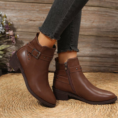 Women's Chunky Heel Ankle Boots Dark Brown Metal Buckle Short Boots