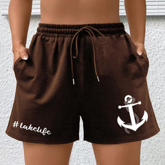 Anchor Print High Rise Sports Shorts With Pockets