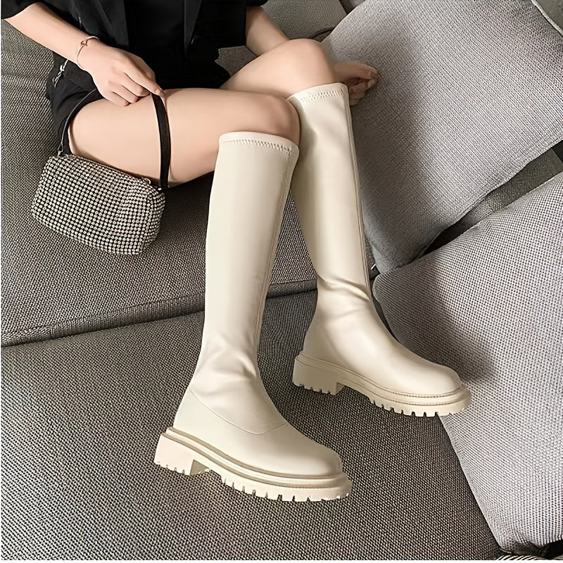 Chunky Heel Knee High Boots for Women Faux Leather Knight Boots