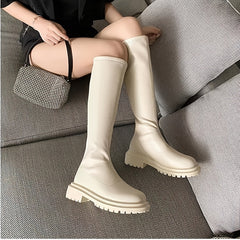 Chunky Heel Knee High Boots for Women Faux Leather Knight Boots