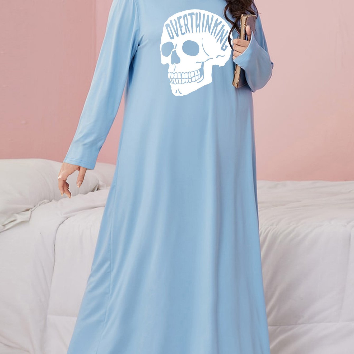 Gothic Nightdress Skull Print Long Sleeve Stretch Sleep Dress