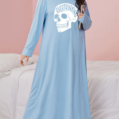 Gothic Nightdress Skull Print Long Sleeve Stretch Sleep Dress