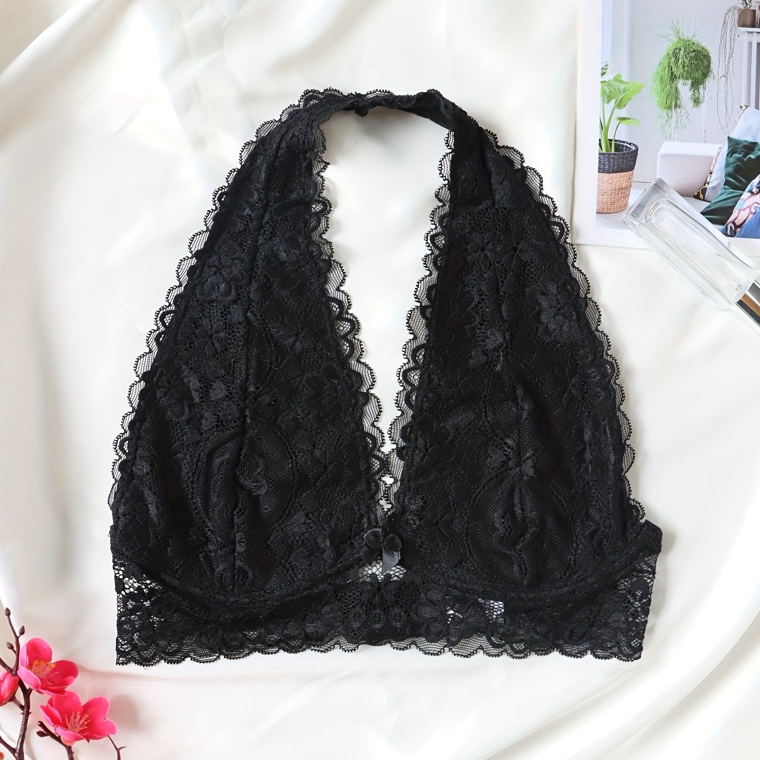Floral Lace Halter Bralette Wireless Lingerie with Removable Padded Crop Top