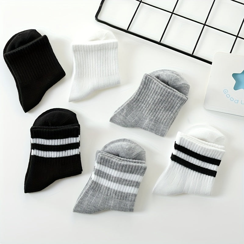 3 Pairs Boys Kids Striped Solid Socks For School Students Breathable Comfy
