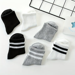3 Pairs Boys Kids Striped Solid Socks For School Students Breathable Comfy