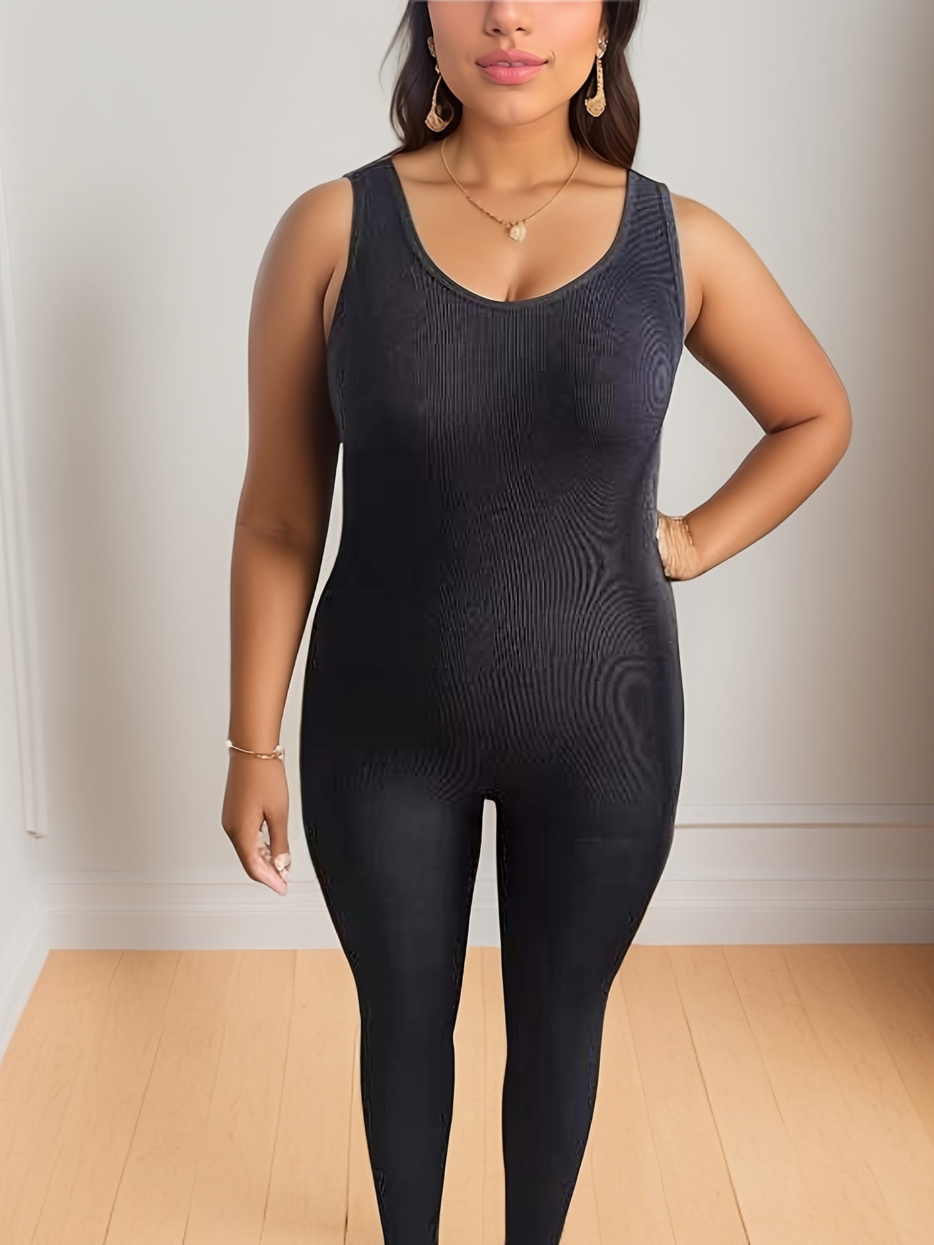 Casual Jumpsuit Women's Plus Solid Round Neck High Stretch Skinny Tank