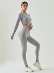 2pcs Yoga Set: Long Sleeve Top & High Waist Leggings, Women's Activewear
