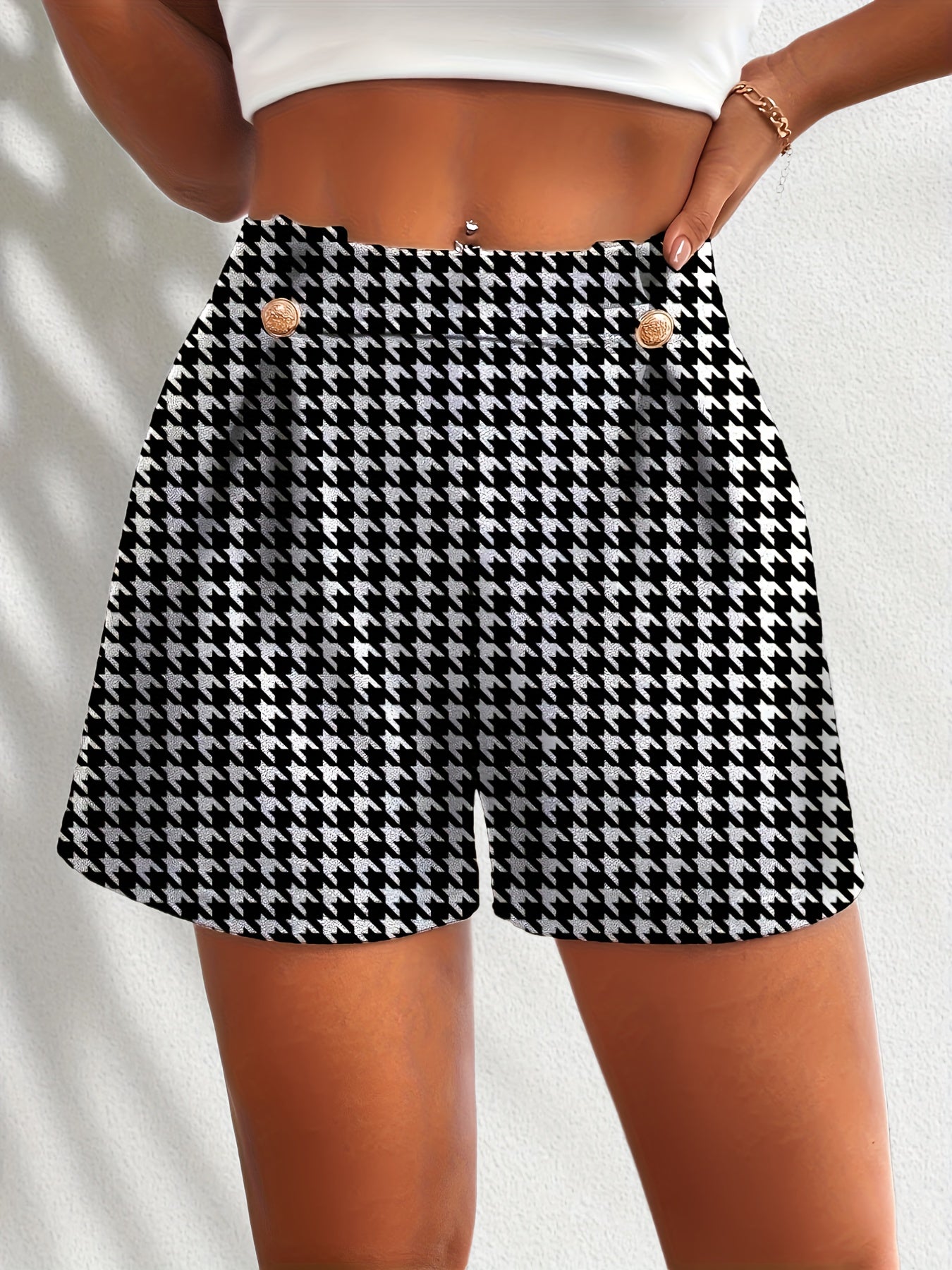 Houndstooth Button Front High Waist Shorts