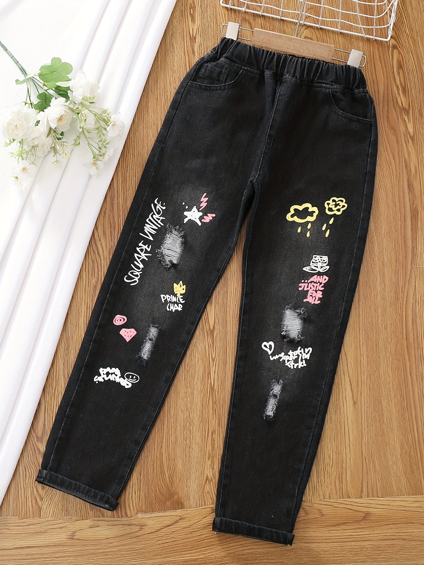 Girls Cartoon Pattern Denim Jeans Elastic Waistband Kids Clothes