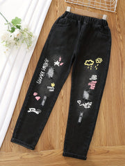 Girls Cartoon Pattern Denim Jeans Elastic Waistband Kids Clothes