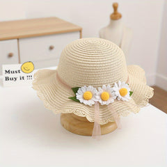 Wide Brim Sun Hat Flower Ball Straw Cap for Girls