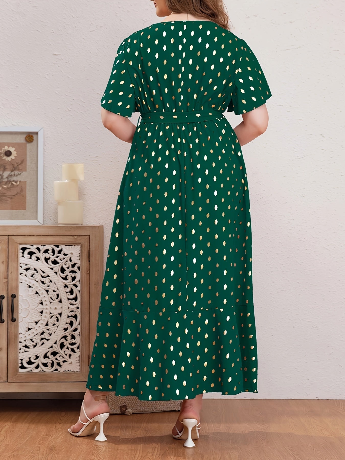 Women's Plus Golden Dot Print Maxi Dress with Belt