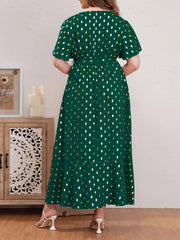 Women's Plus Golden Dot Print Maxi Dress with Belt