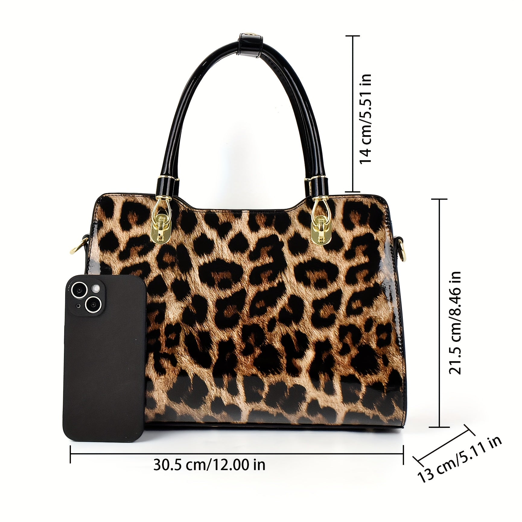 Leopard Print Tote Bag with Removable Strap Zipper Closure Polyester Lining
