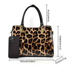 Leopard Print Tote Bag with Removable Strap Zipper Closure Polyester Lining