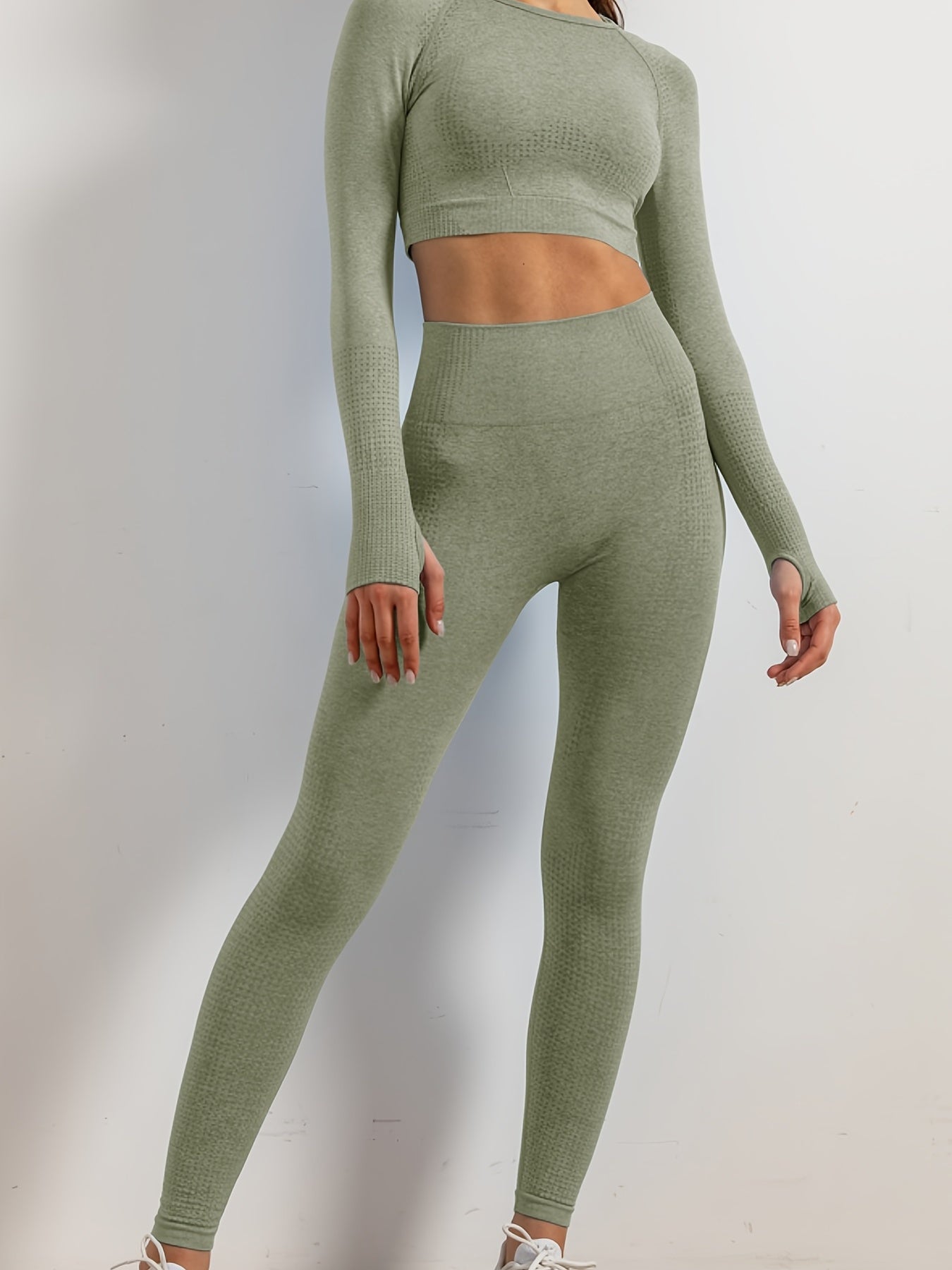 2pcs Women Solid Yoga Set Crop Long Sleeve Shirt & High Waist Leggings