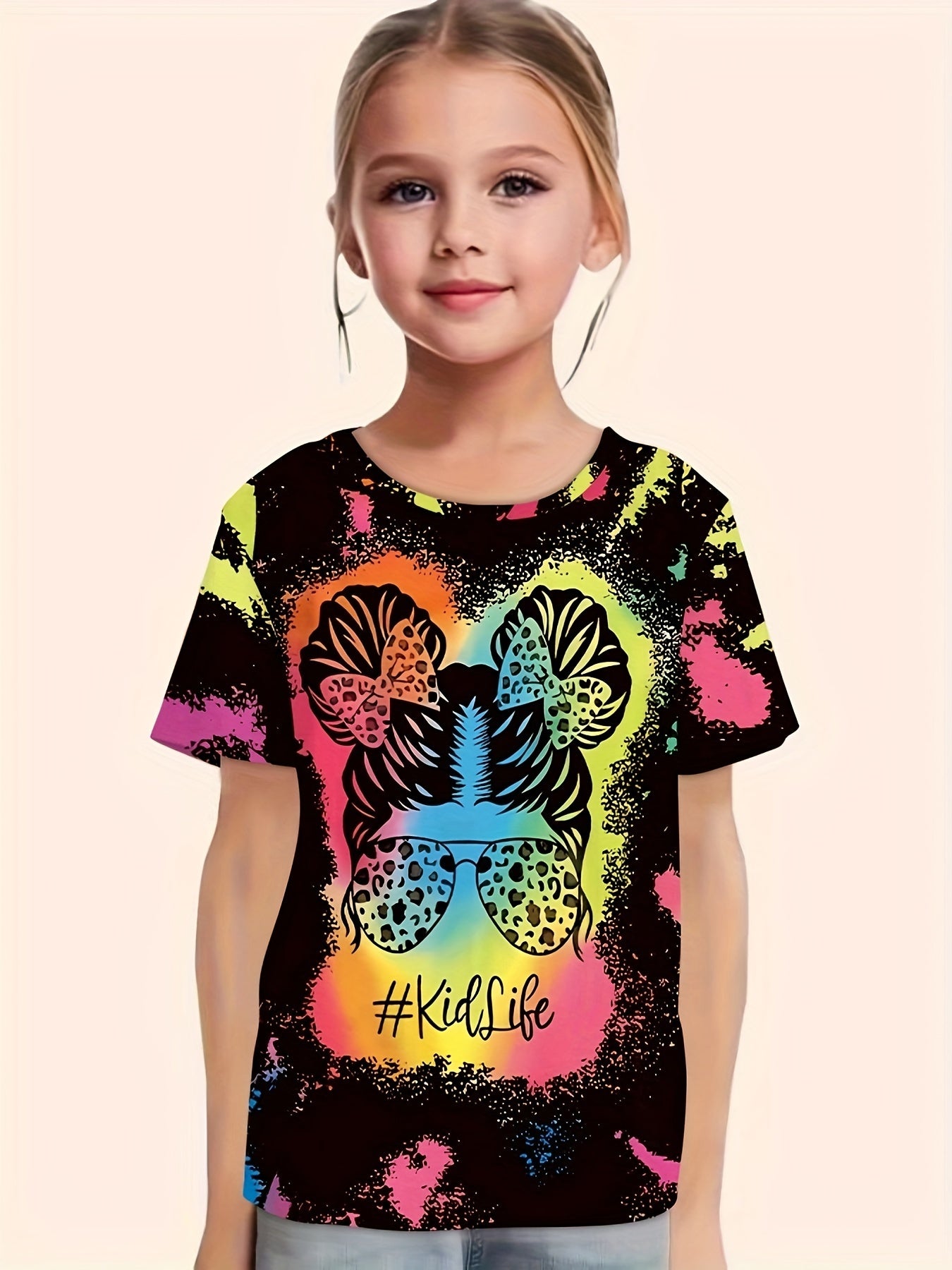 Tie Dye Pattern Cartoon Girl Short Sleeve T-shirt Girls Pullover Summer Sports