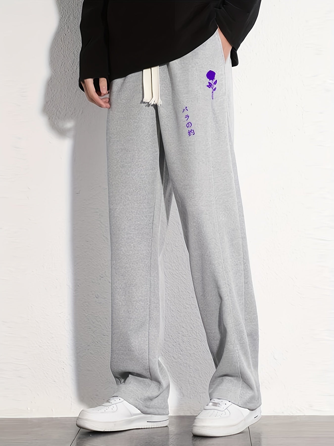 Rose Cotton Sweatpants Men's Casual Solid Loose Fit Drawstring