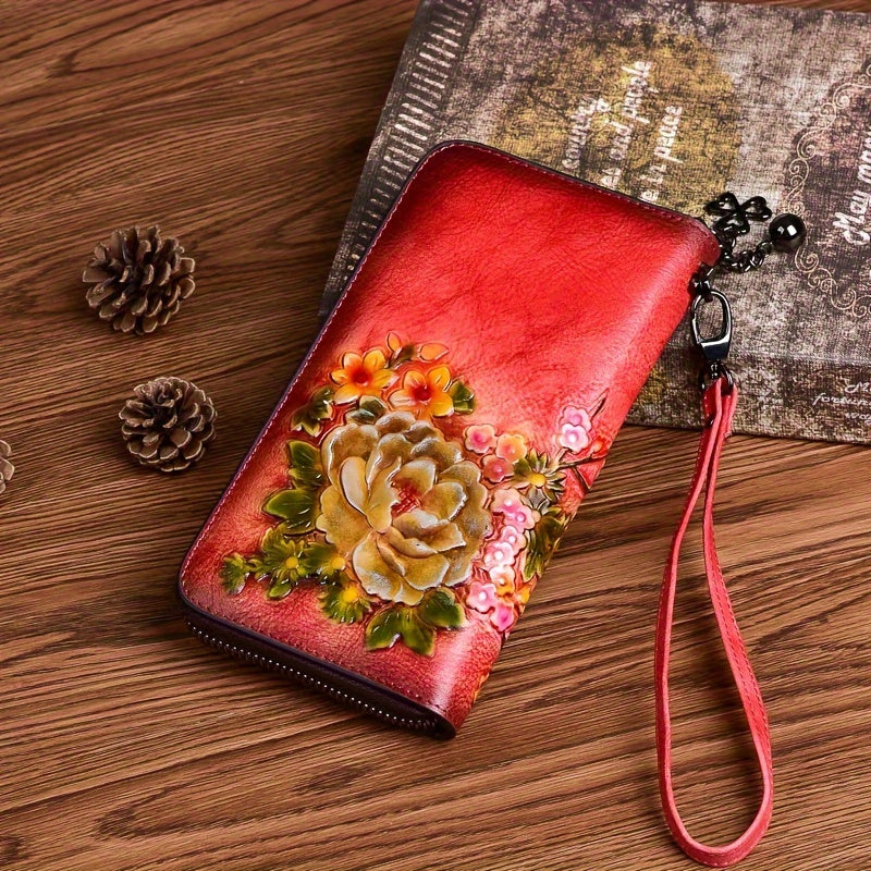 Floral Embossed Leather Wristlet Wallet for Women Zippered Clutch