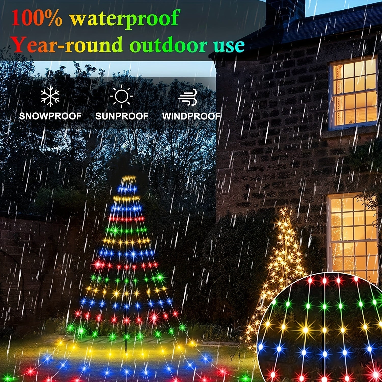 Christmas Outdoor 180 LED Waterfall Tree Lights 8 Modes USB Plug In Waterproof