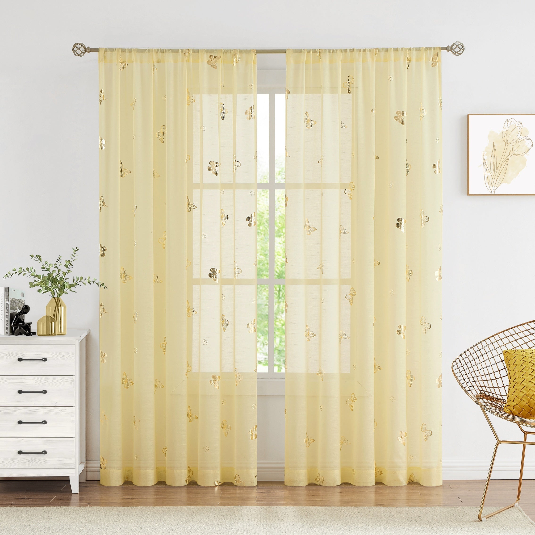2 Panels Golden Butterfly Sheer Curtain Romantic Lovely Translucent Curtains