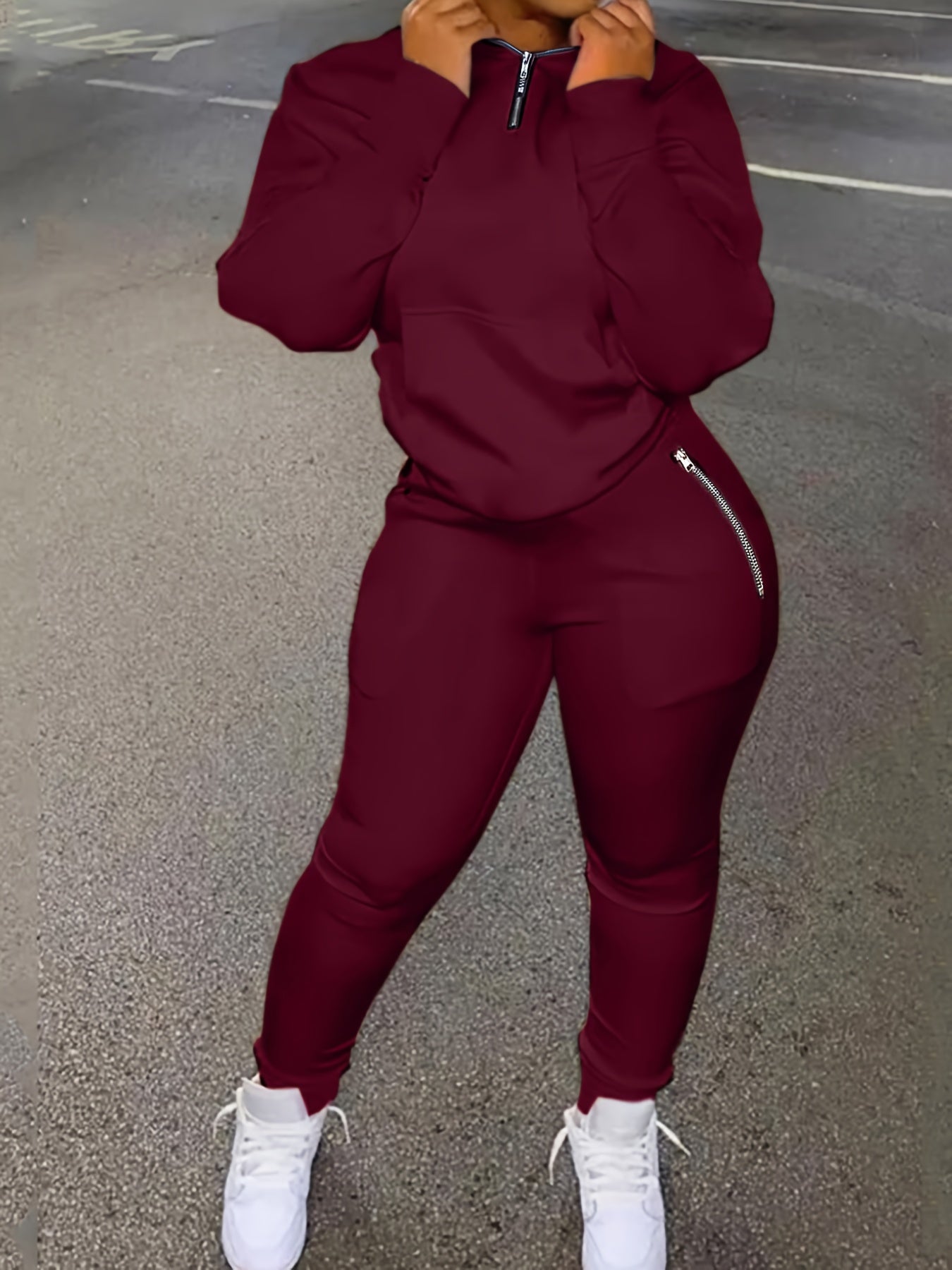 Solid Zipper Two piece Set Long Sleeve Workout Outfit
