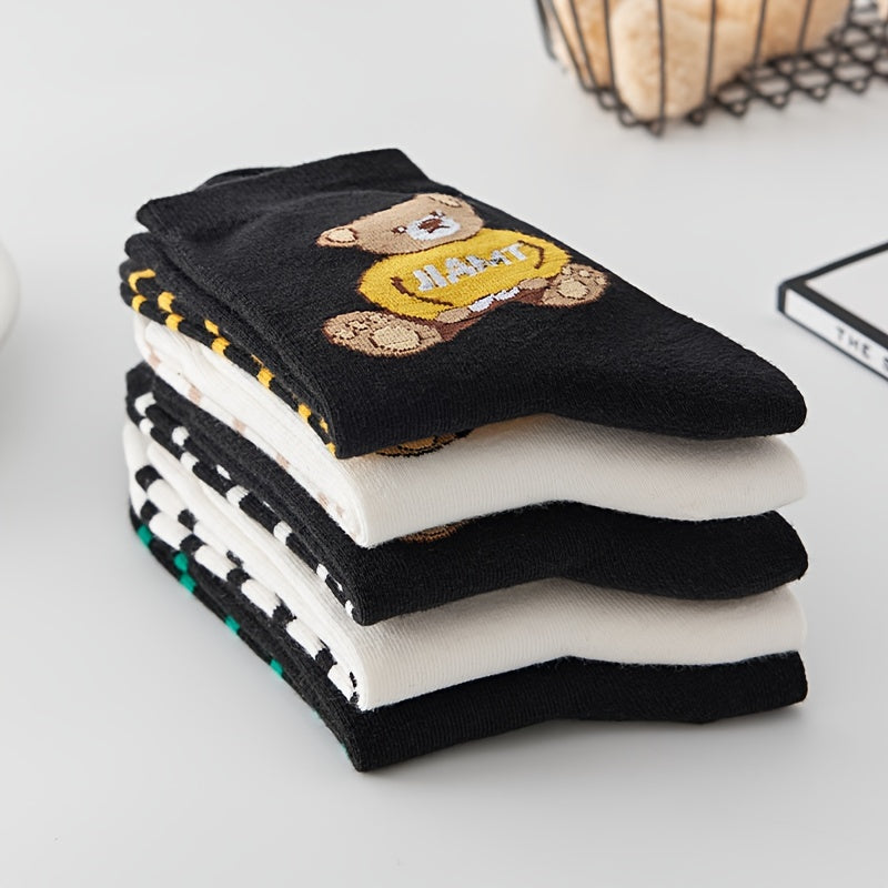 5 Pairs Cartoon Bear Print Crew Socks Women's Stockings