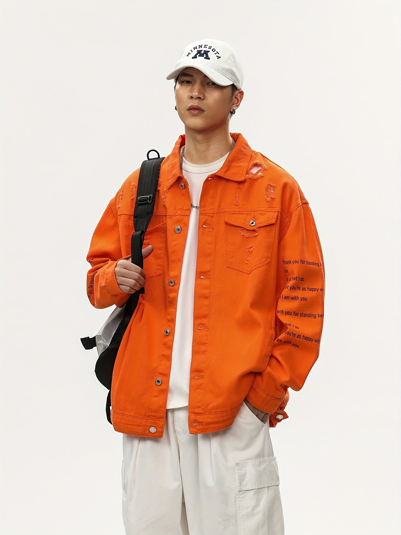 Men's Raw Trim Letter Print Denim Jacket for Spring Fall