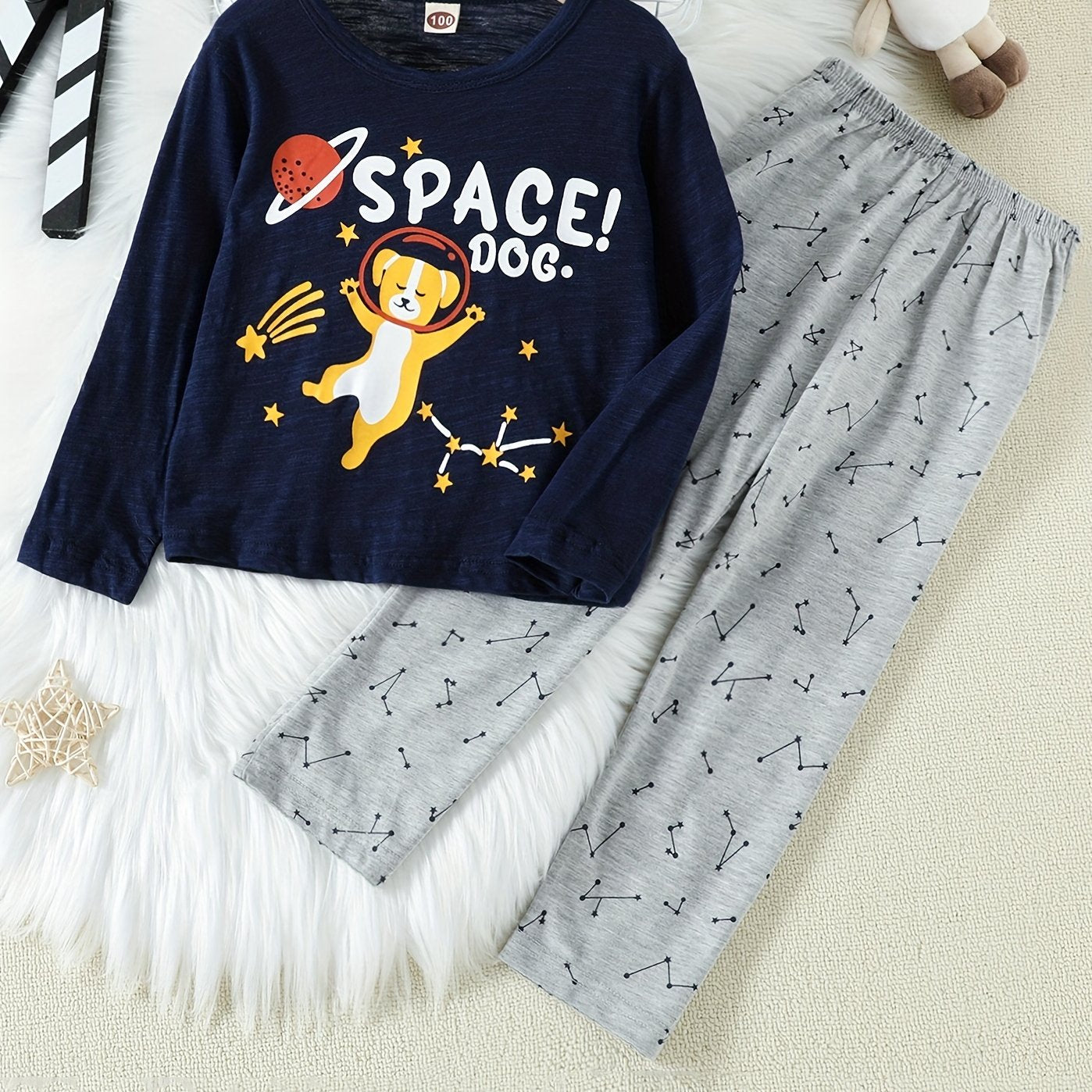 Kids 2pcs Space Dog Pajamas Set Cotton Long Sleeve Top & Pants