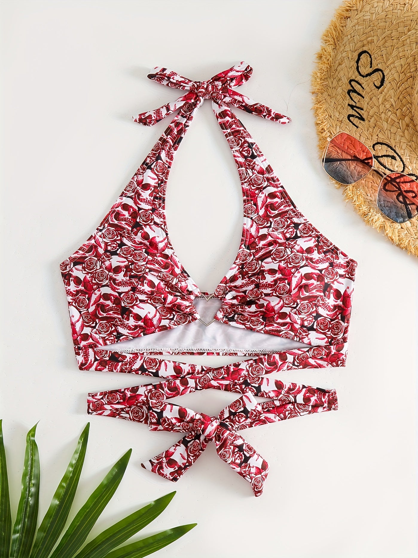 Skull Print Halter Neck Bikini Top