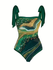 Green Striped Two Pieces Swimsuit with Cover Up Shirt