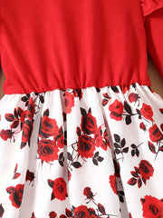 Girls' Rose Flowers Graphic Long Sleeve Dress Spring Autumn Outfit