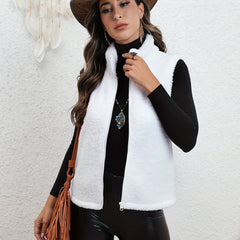 Sleeveless Zip Up Teddy Vest Stand Collar Casual Solid Women's Vest