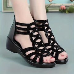 Women's Rhinestone Sandals Open Toe Block Heel Roman Shoes
