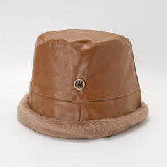 PU Leather Plush Edge Bucket Hat Warm Sun Hats For Women